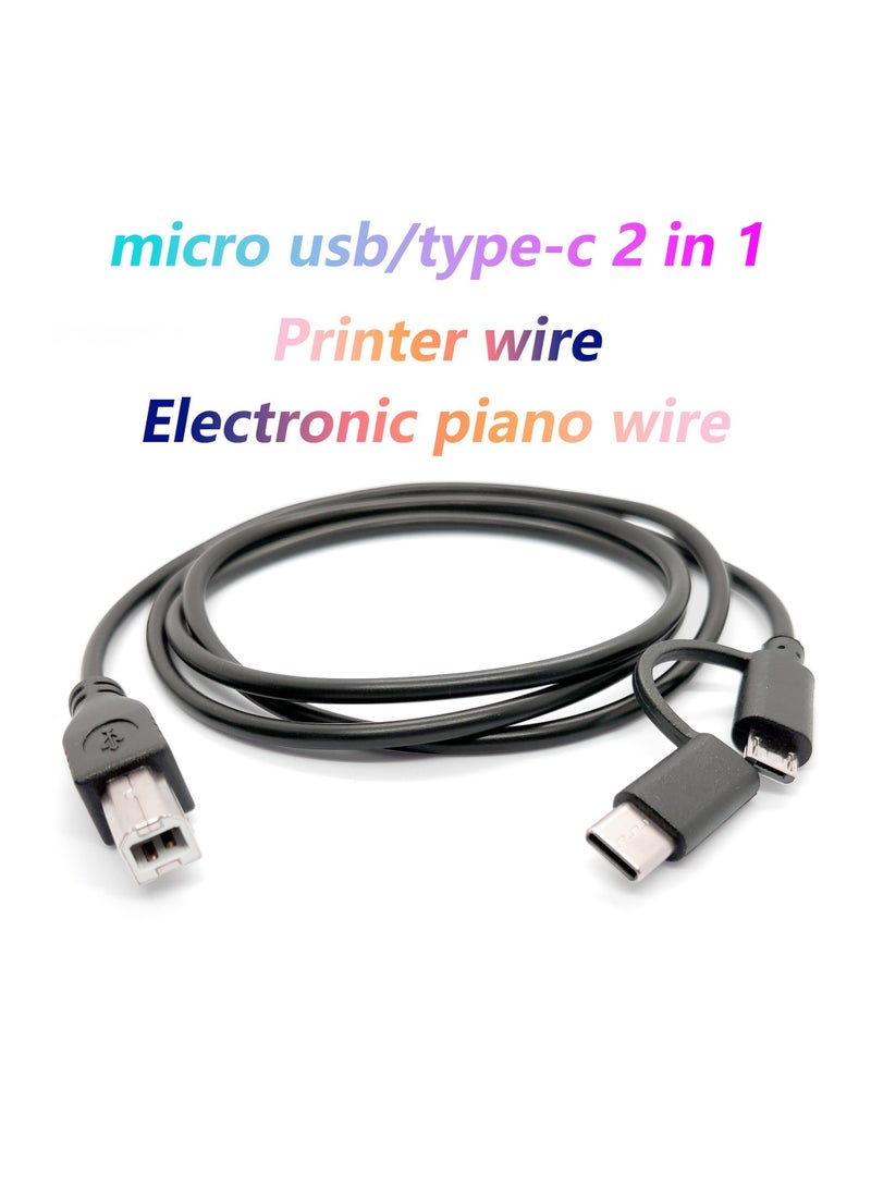 كابل طابعة 2 في 1 Micro USB/Type-C، كابل MIDI للبيانو الكهربائي من Android Type-C، كابل طابعة (أسود) - Image 1