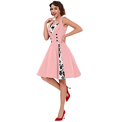 KILLREAL Women's Vintage Rockabilly Floral Print Sleeveless Cocktail Party Dress Pink Large - Image 3