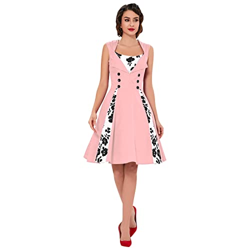 KILLREAL Women's Vintage Rockabilly Floral Print Sleeveless Cocktail Party Dress Pink Large - Image 1