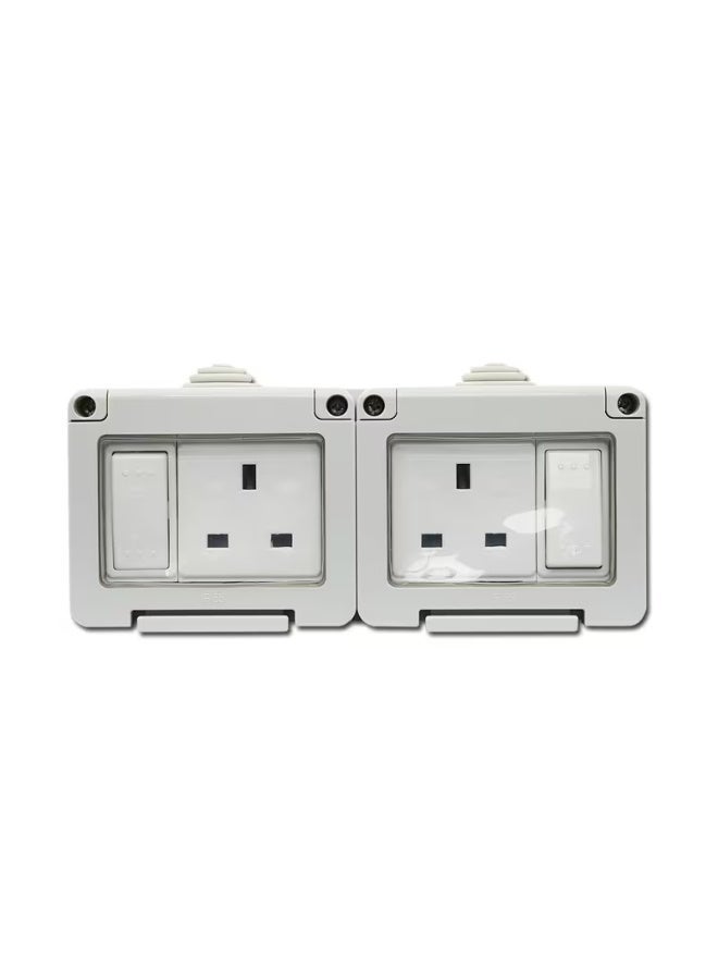 LITEX 2 Gang Outdoor Electrical Wall Mounted Universal Sockets with Switch, IP55 Waterproof Rating, 13A Sockets, 10A Switches, Grey - Image 1