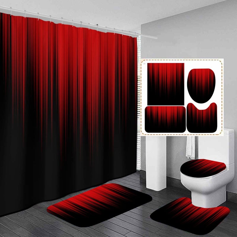AAtter 4 Piece Red and Black Shower Curtain Ombre Mens Gothic Abstract Cool Art 60Wx72L Curtains Decor with NonSlip Rugs Toilet Lid Cover and Bath Mat Bathroom Accessories Home Bathtub Set Modern