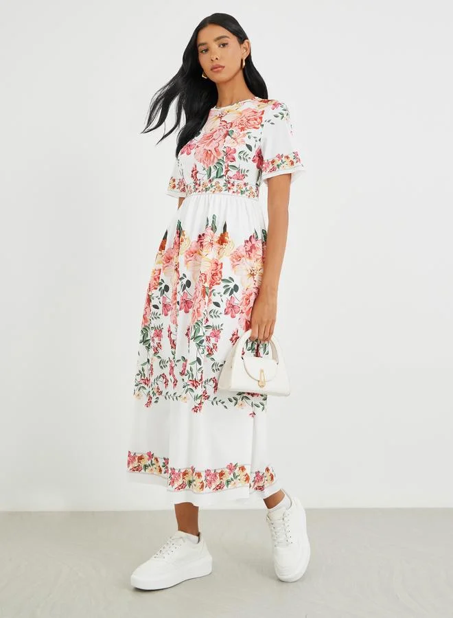 تايك تو Take Two Floral Print Short Sleeve Midi Dress