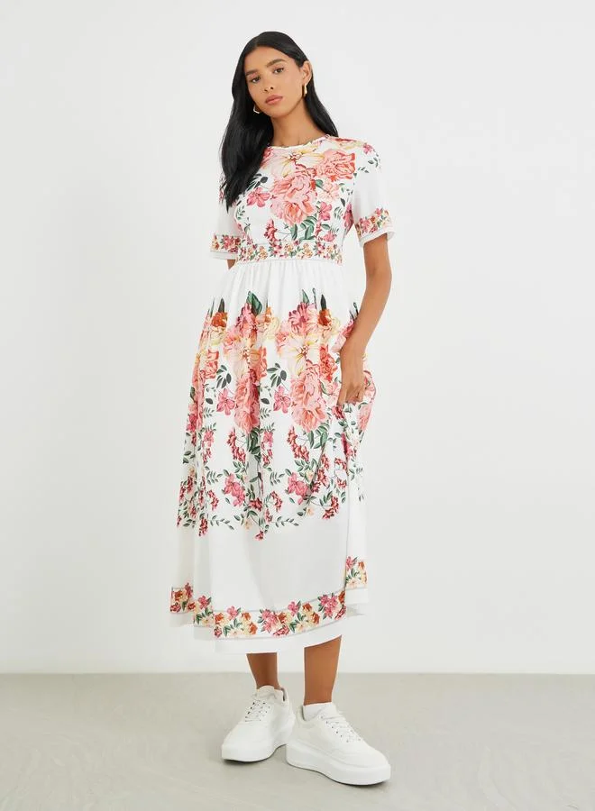 تايك تو Take Two Floral Print Short Sleeve Midi Dress