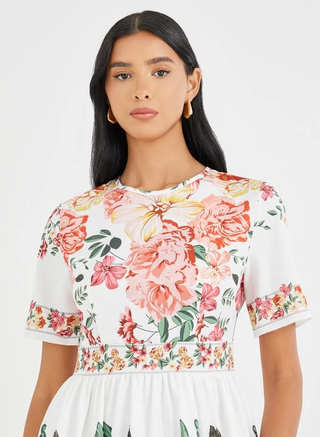 Take Two Take Two Floral Print Short Sleeve Midi Dress