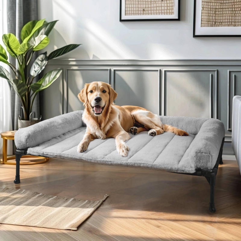 Veehoo Orthopedic Elevated Dog Bed with Fluffy Plush Bolster Cushion, Indoor Raised Dog Beds for Large Dogs, Soft Pet Sofa Cot with Removable Washable Mat, No-Slip Feet, 42 x 30 inches, Grey - Image 1