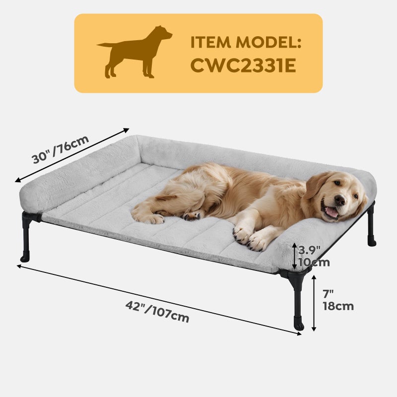 Veehoo Orthopedic Elevated Dog Bed with Fluffy Plush Bolster Cushion, Indoor Raised Dog Beds for Large Dogs, Soft Pet Sofa Cot with Removable Washable Mat, No-Slip Feet, 42 x 30 inches, Grey - Image 3