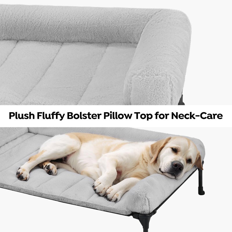 Veehoo Orthopedic Elevated Dog Bed with Fluffy Plush Bolster Cushion, Indoor Raised Dog Beds for Large Dogs, Soft Pet Sofa Cot with Removable Washable Mat, No-Slip Feet, 42 x 30 inches, Grey - Image 2