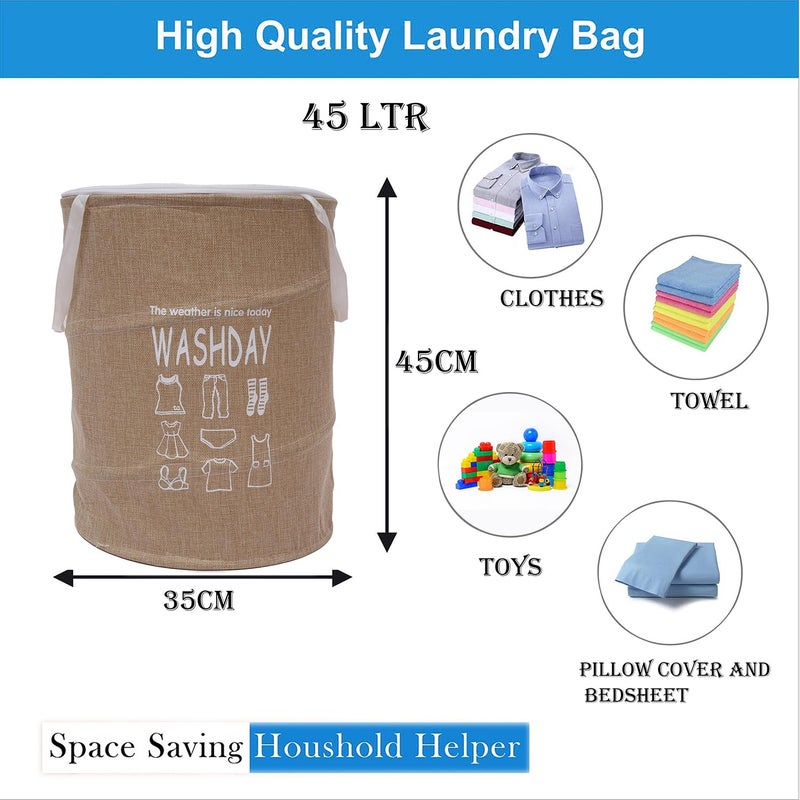 Kuber Industries Laundry Basket | Round Foldable Laundry Basket | Jute Storage Bag with Button Handles | Clothes Basket for Home | Storage Basket | 45 LTR | Pack of 2 | Beige - Image 3