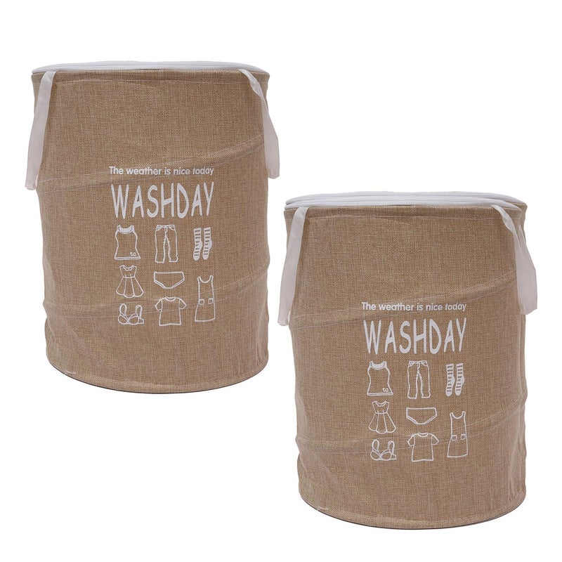 Kuber Industries Laundry Basket | Round Foldable Laundry Basket | Jute Storage Bag with Button Handles | Clothes Basket for Home | Storage Basket | 45 LTR | Pack of 2 | Beige - Image 1