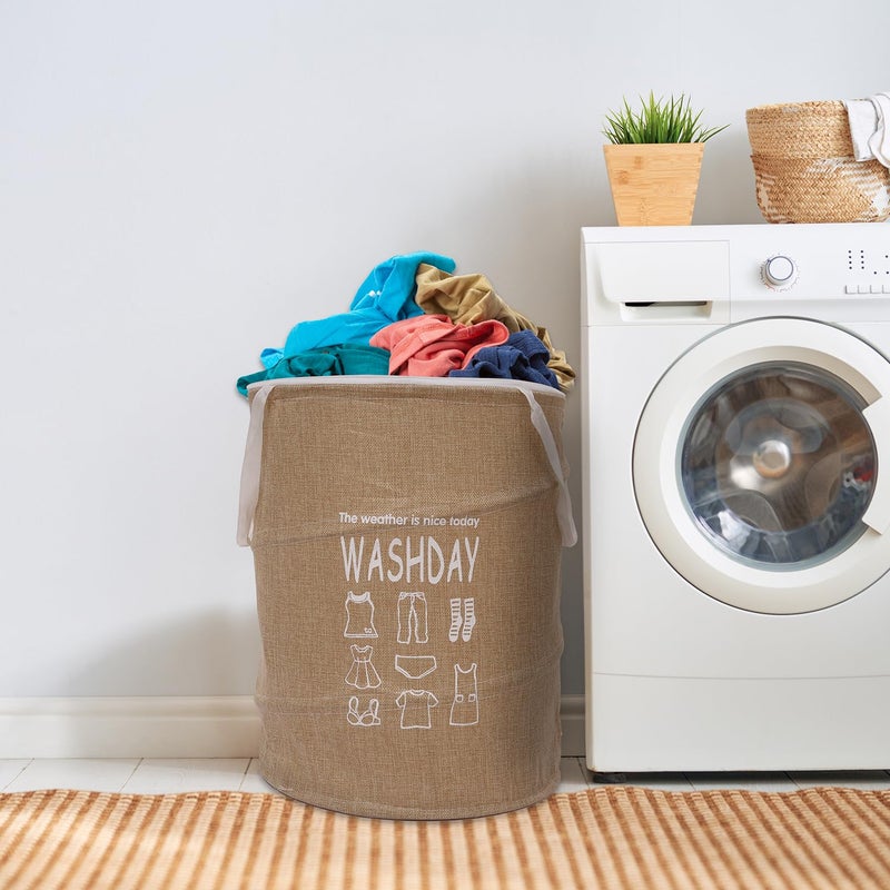 Kuber Industries Laundry Basket | Round Foldable Laundry Basket | Jute Storage Bag with Button Handles | Clothes Basket for Home | Storage Basket | 45 LTR | Pack of 2 | Beige - Image 4