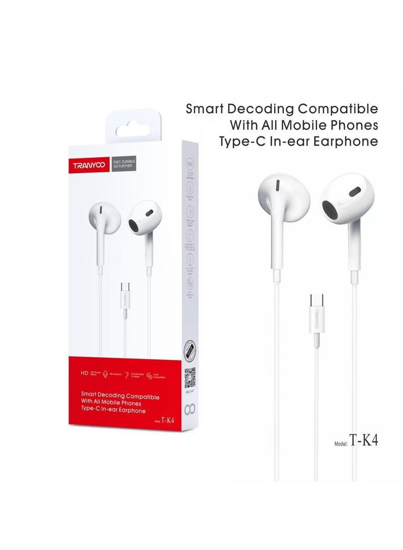 ترانيوو سماعات رأس ترنيو سماعة أذن من النوع C، مع ميكروفون للتحكم في مستوى الصوت وسماعات أذن ستيريو سلكية، متوافقة مع iPad Pro iPhone 15 Pro Samsung S23 Ultra S22 S21 وجميع أجهزة جاك TypeC