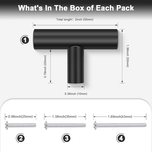 Probrico 30 Pack Length 2inch Matte Black Kitchen Cabinet Knobs,Stainless Steel Dresser Drawer Knob,Euro Style Single Hole Pull Handles for Cupboard and Closet - Image 2