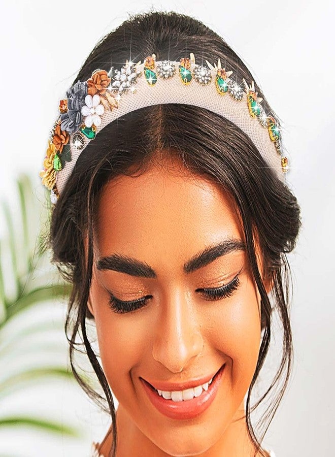 Urieo Floral Pearl Headbands Colorful Crystal Hairband Rhinestone Wedding Party Cosplay Costume Hair Hoop for Women - Image 1