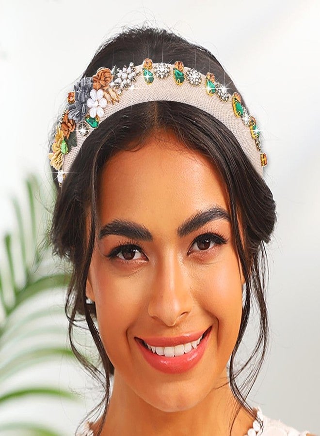 Urieo Floral Pearl Headbands Colorful Crystal Hairband Rhinestone Wedding Party Cosplay Costume Hair Hoop for Women - Image 5