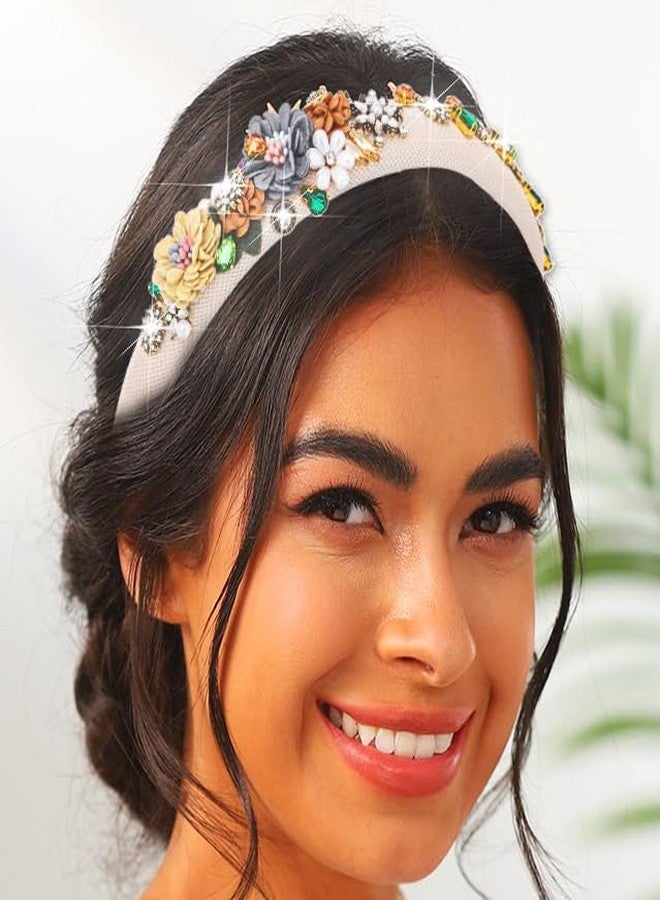 Urieo Floral Pearl Headbands Colorful Crystal Hairband Rhinestone Wedding Party Cosplay Costume Hair Hoop for Women - Image 3