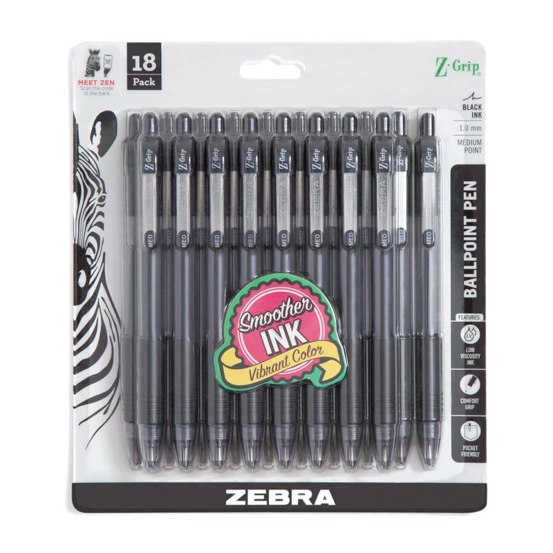 Zebra Pen Z-Grip Retractable Ballpoint Pen, Smooth-Flowing Black Ink, 1.0mm Medium Point, School Supplies, Teacher Supplies, and Office Supplies, 18-Pack (22218) - Image 1