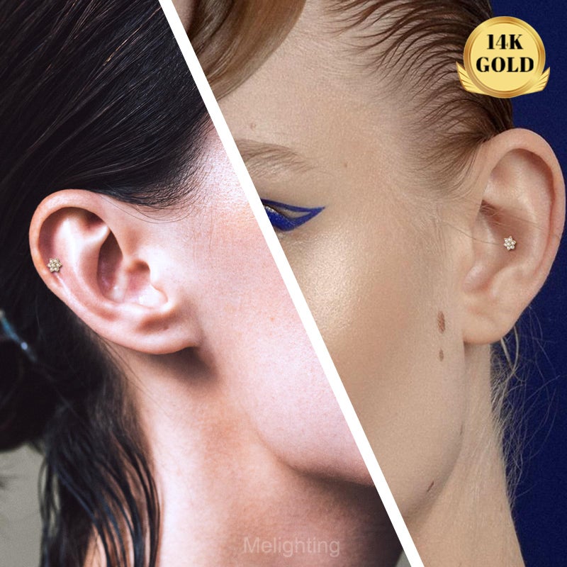 Melighting 14K Solid Gold Cartilage Helix Piercing Jewelry - Internally Threaded Curved CZ Gold Flat Back Earring, 8mm - Image 5