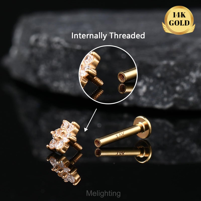 Melighting 14K Solid Gold Cartilage Helix Piercing Jewelry - Internally Threaded Curved CZ Gold Flat Back Earring, 8mm - Image 3