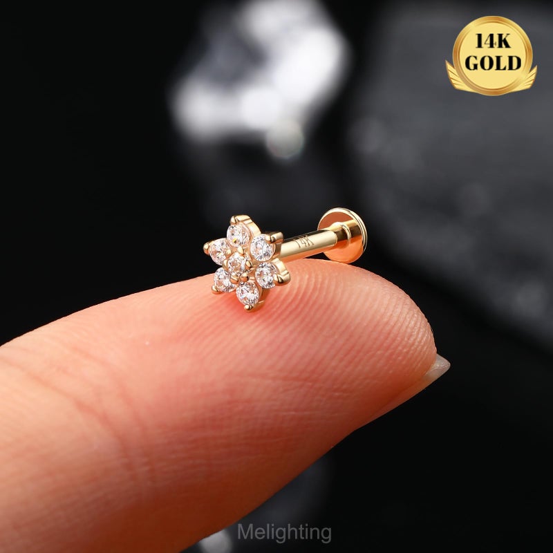 Melighting 14K Solid Gold Cartilage Helix Piercing Jewelry - Internally Threaded Curved CZ Gold Flat Back Earring, 8mm - Image 2