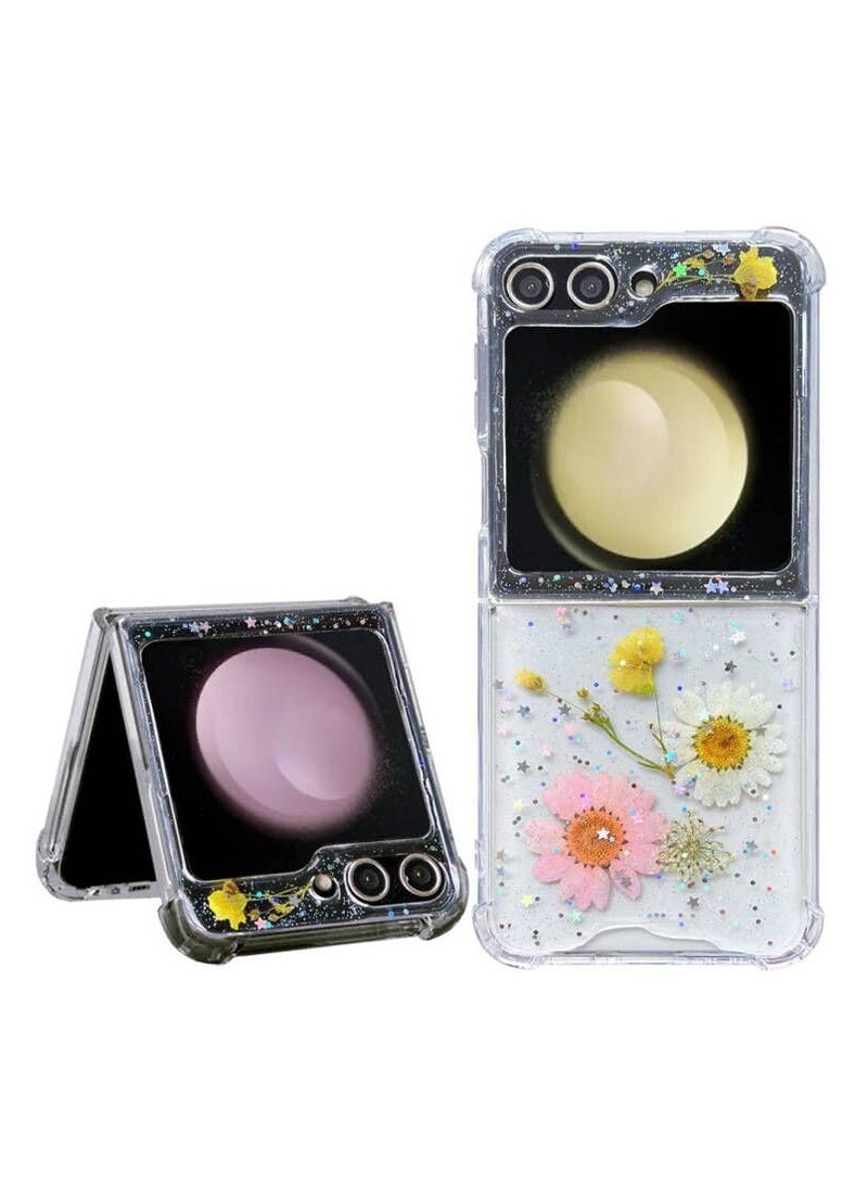 EXCEFORE Compatible with Samsung Galaxy Z Flip 5 5G Case, Daisy Flower Clear with Design, ransparent Dried Real Pressed Flower Aesthetic Case, Cute Case for Galaxy Z Flip 5 Soft Silicone - Image 1