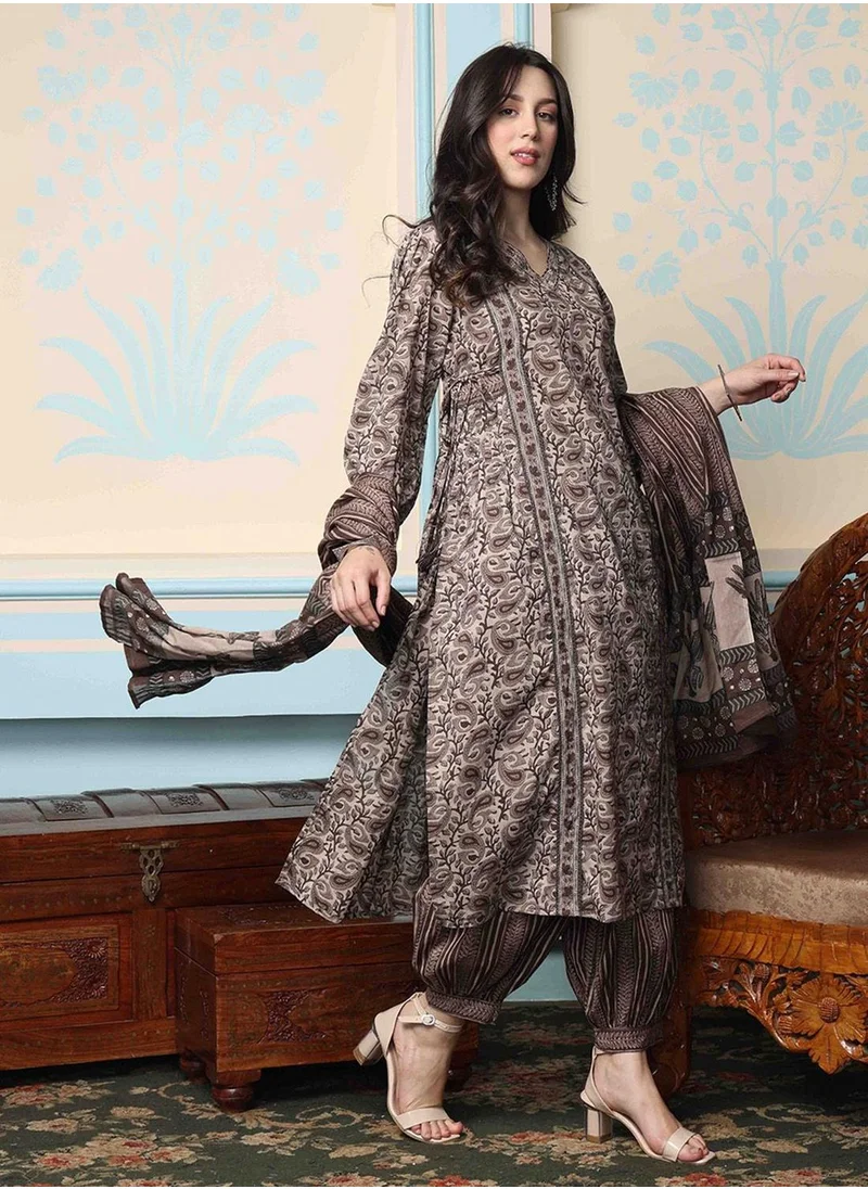 آي شين Women's Brown 100% Cotton Embellished Tunic Full Length Casual Straight Fit Kurta Set