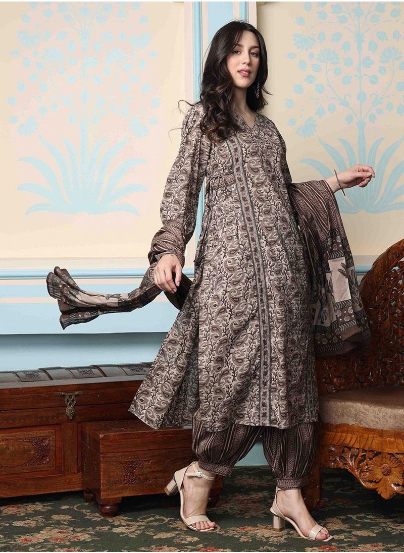 ISHIN Women's Brown 100% Cotton Embellished Tunic Full Length Casual Straight Fit Kurta Set  - Image 3
