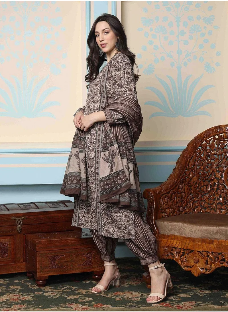 آي شين Women's Brown 100% Cotton Embellished Tunic Full Length Casual Straight Fit Kurta Set