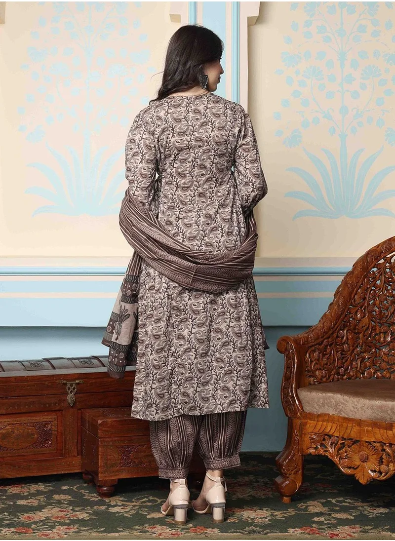 آي شين Women's Brown 100% Cotton Embellished Tunic Full Length Casual Straight Fit Kurta Set