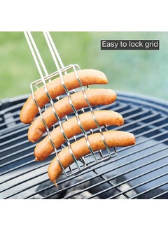 SHREESAMP SHREESAMP BBQ Hot Dog Roast Grilling Plated with Folding Wooden Long Clip Handle for Fish Vegetables Cooking BBQ Grill Basket Outdoor Tool Grilling Camping Picnic Easy Storage Metal 45x10x15CM  - Image 5