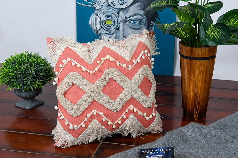 IMPEXART PVT LTD 16X16 Inches Cotton Boho Shaggy Square Super Soft Geometric Cushion Cover for Decor Couch Sofa Bedroom Living Room Farmhouse Indoor Outdoor - Image 1