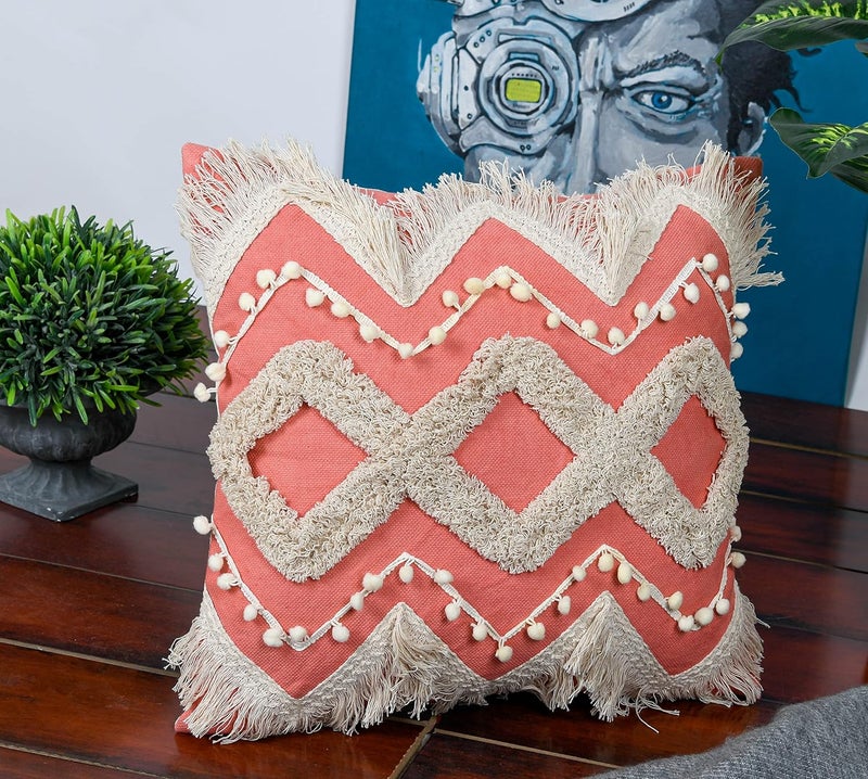 IMPEXART PVT LTD 16X16 Inches Cotton Boho Shaggy Square Super Soft Geometric Cushion Cover for Decor Couch Sofa Bedroom Living Room Farmhouse Indoor Outdoor - Image 2