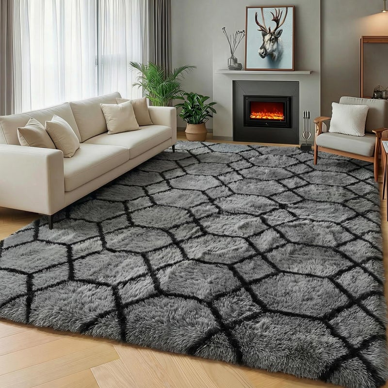 ONASAR Area Rugs for Bedroom Living Room, 4x6 Fluffy Grey and Black Rug, Shaggy Geometric Floor Mat for Home Decor Aesthetic, Soft Plush Fuzzy Carpet for Nursery Kids Teen Dorm - Image 2