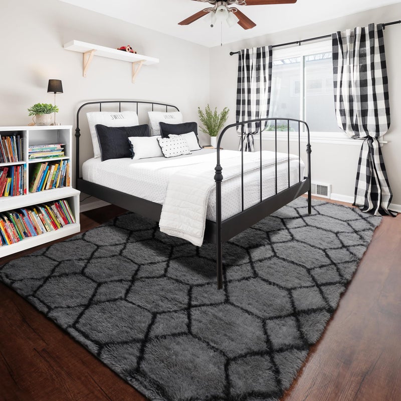 ONASAR Area Rugs for Bedroom Living Room, 4x6 Fluffy Grey and Black Rug, Shaggy Geometric Floor Mat for Home Decor Aesthetic, Soft Plush Fuzzy Carpet for Nursery Kids Teen Dorm - Image 4