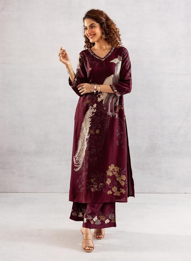 ISHIN Women's Wine Rayon Printed Tunic Upper Calf Length Palazzo Bottom Straight Fit 2 Peice Kurta Set - Image 1