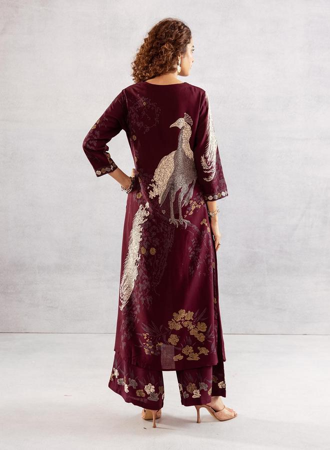 ISHIN Women's Wine Rayon Printed Tunic Upper Calf Length Palazzo Bottom Straight Fit 2 Peice Kurta Set - Image 2