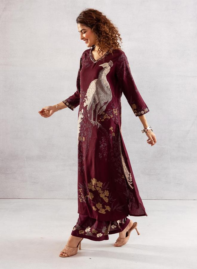 ISHIN Women's Wine Rayon Printed Tunic Upper Calf Length Palazzo Bottom Straight Fit 2 Peice Kurta Set - Image 3