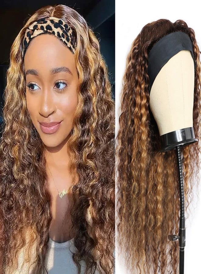 XSY Deep Wave Headband Wig Human Hair Highlight Ombre Headband Wigs for Black Women Curly Headband Wig 4/27# 150% Density 24 Inch - Image 1