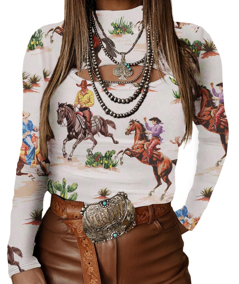 Urchics Womens Long Sleeve Shirts Western T-Shirt Slim Fit Hollow Out High Neck Y2k Tops Tee Snow White L - Image 1