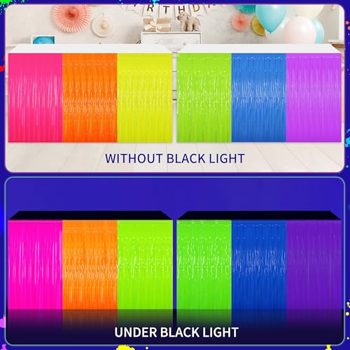 Fayoo Glow in The Dark Tinsel Fringe Table Skirt - 2 Pack Neon Foil Party Decor, 31.5"x118" UV Reactive Fringe Skirt for Rave, Wedding, Birthday Backdrop - 6 Vibrant Colors - Image 4