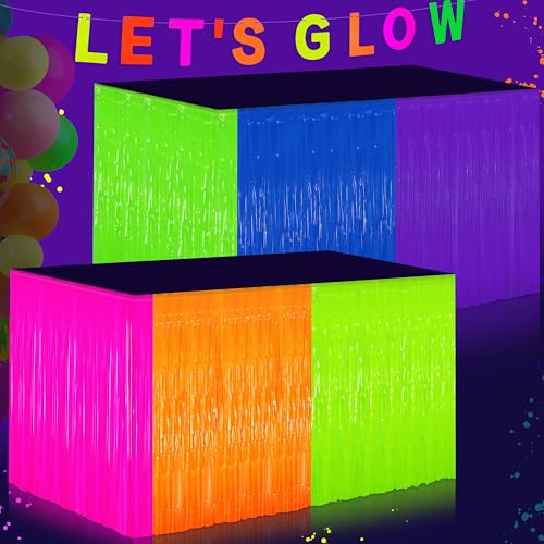 Fayoo Glow in The Dark Tinsel Fringe Table Skirt - 2 Pack Neon Foil Party Decor, 31.5"x118" UV Reactive Fringe Skirt for Rave, Wedding, Birthday Backdrop - 6 Vibrant Colors - Image 1