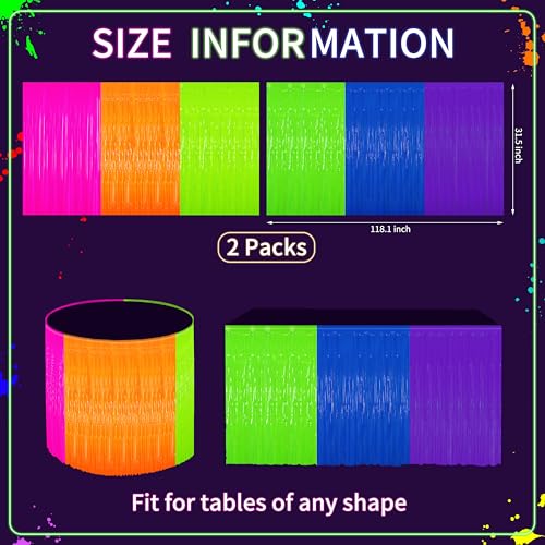 Fayoo Glow in The Dark Tinsel Fringe Table Skirt - 2 Pack Neon Foil Party Decor, 31.5"x118" UV Reactive Fringe Skirt for Rave, Wedding, Birthday Backdrop - 6 Vibrant Colors - Image 2
