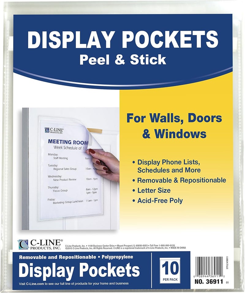 C-Line Peel and Stick Display Pockets, Clear, 8.5 x 11 Inches, 10 per Pack (36911) - Image 3