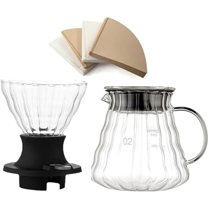 ريحني مجموعة ماكينة تحضير القهوة مع مفتاح التقطير الهجين 600 مل، وعاء مقاوم للحرارة، 40 فلتر ورقي، مقاس 02، ماكينة تحضير القهوة بالغمر للاستخدام المنزلي والمقهى والتخييم - Image 1