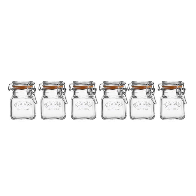 EST 1842 PREMIUM GLASS CLIP TOP SPICE JARS WITH AIRTIGHT LID FOR THINKITCHEN WITH LID OF GLASS,GLASS LOCK WITH WIRE CLIP LOCK,TOP FASTENING LID,DISHWASHER SAFE,SET OF 6,70ML EACH - TRANSPARENT