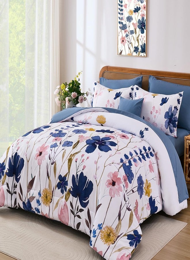 Anibedding Blue Floral Comforter Set Queen Size, 8 Piece Botanical Flower Bed in a Bag, Reversible Design Comforter Soft Microfiber Complete Bedding Sets for All Season (Blue, 90"x90") - Image 2
