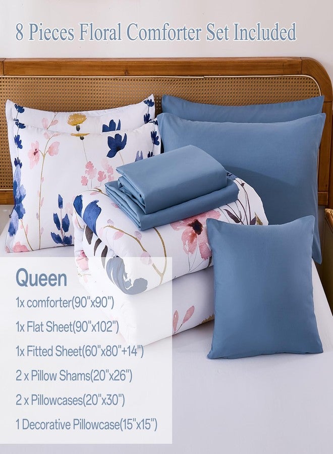 Anibedding Blue Floral Comforter Set Queen Size, 8 Piece Botanical Flower Bed in a Bag, Reversible Design Comforter Soft Microfiber Complete Bedding Sets for All Season (Blue, 90"x90") - Image 5