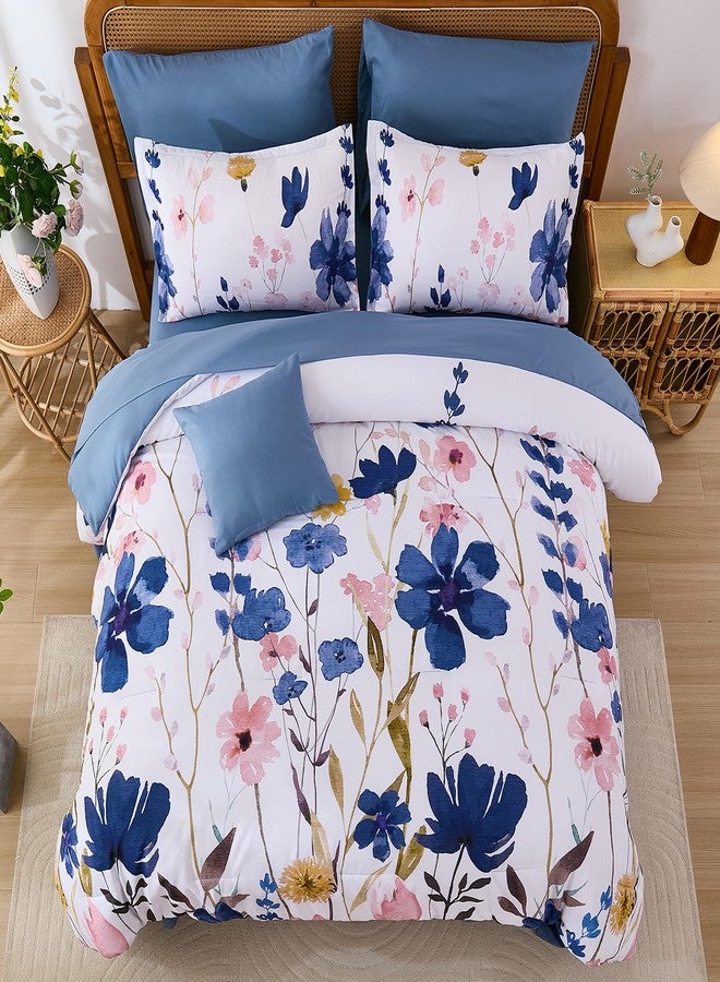 Anibedding Blue Floral Comforter Set Queen Size, 8 Piece Botanical Flower Bed in a Bag, Reversible Design Comforter Soft Microfiber Complete Bedding Sets for All Season (Blue, 90"x90") - Image 3