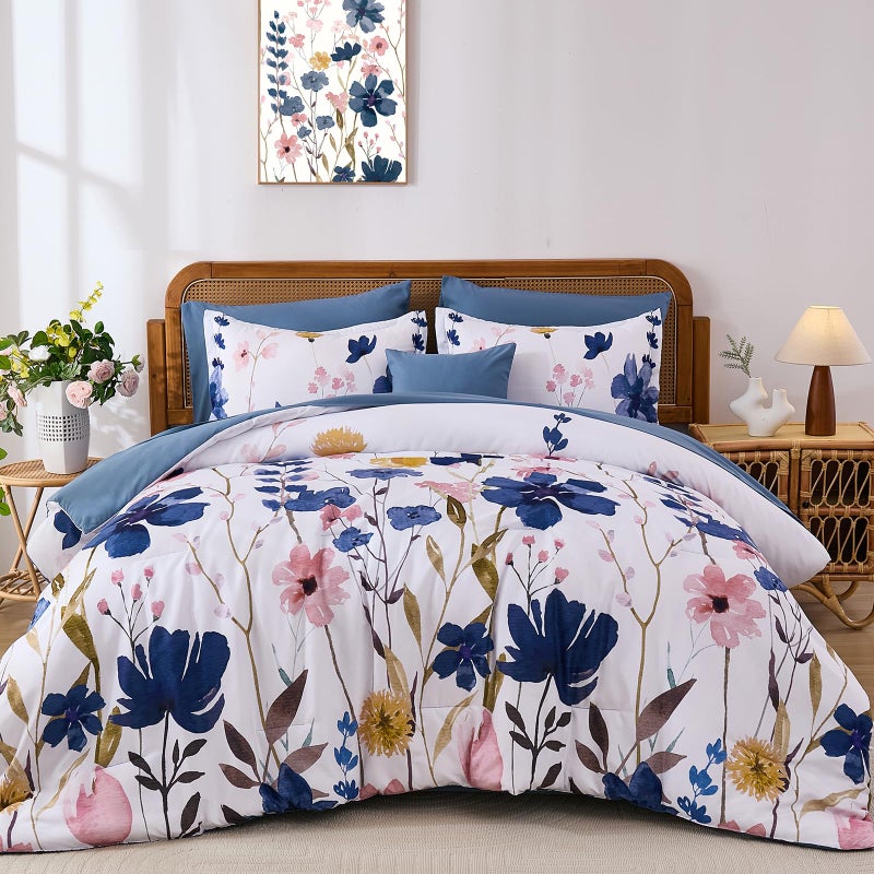 Anibedding Blue Floral Comforter Set Queen Size, 8 Piece Botanical Flower Bed in a Bag, Reversible Design Comforter Soft Microfiber Complete Bedding Sets for All Season (Blue, 90"x90") - Image 1