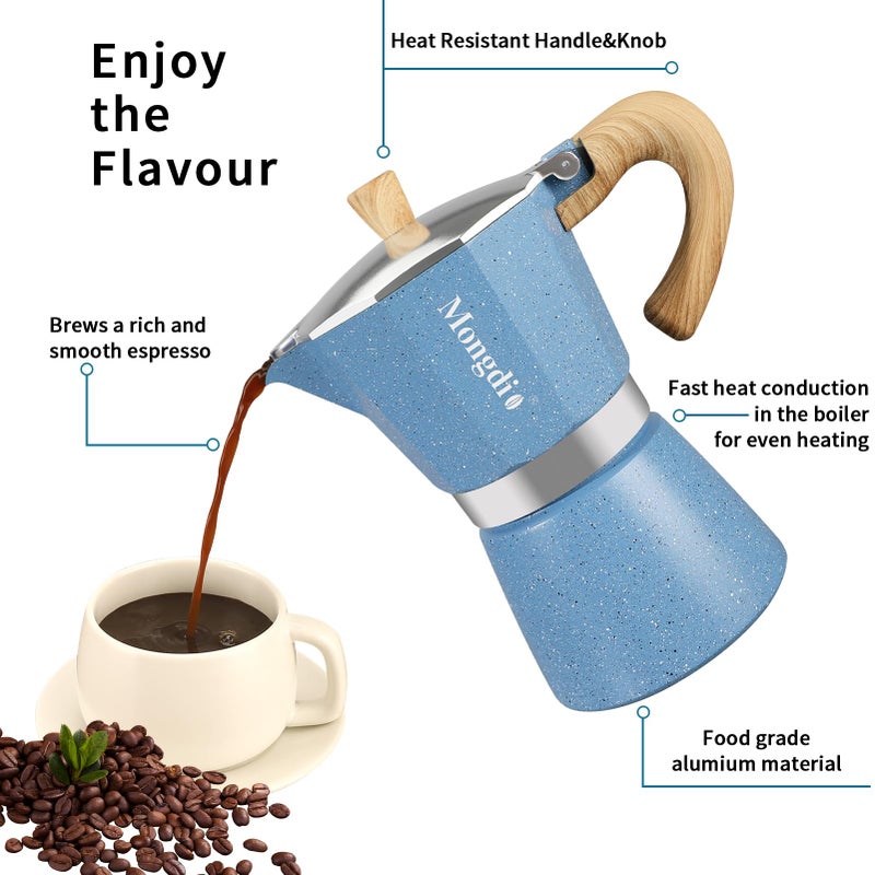 Mongdio Stovetop Espresso Maker Moka Pot, Cuban Coffee Maker Stove top coffee maker Moka Italian Espresso Greca Coffee Maker Brewer Percolator, 6 Espresso Cups, 10 oz - Blue - Image 4