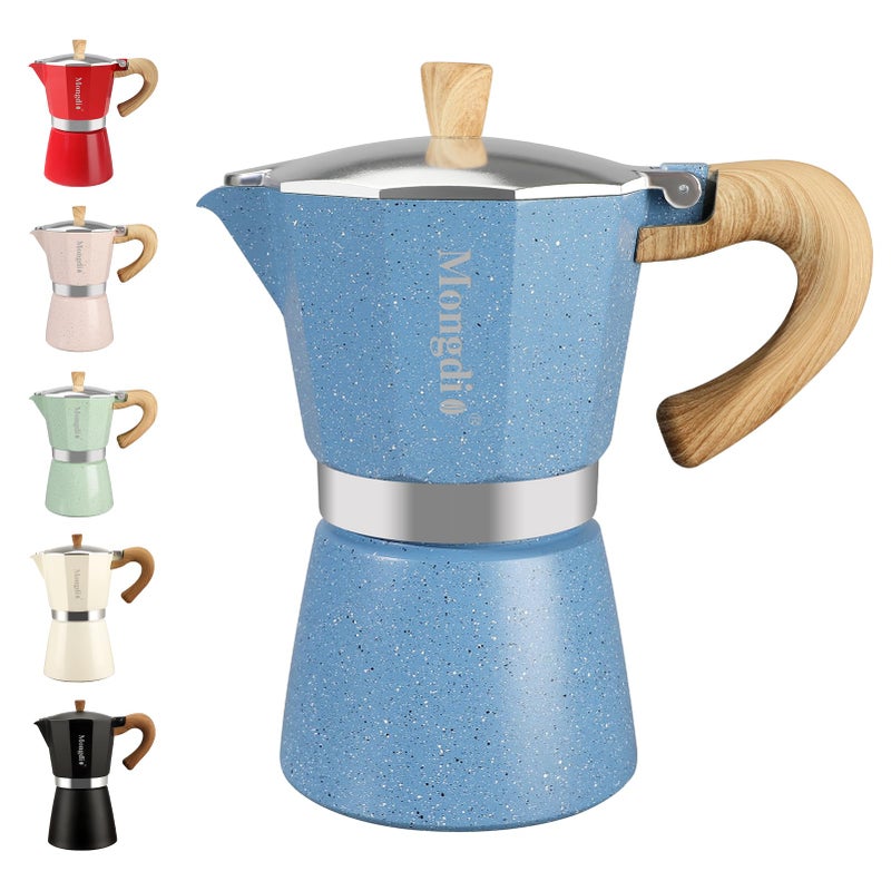 Mongdio Stovetop Espresso Maker Moka Pot, Cuban Coffee Maker Stove top coffee maker Moka Italian Espresso Greca Coffee Maker Brewer Percolator, 6 Espresso Cups, 10 oz - Blue - Image 1